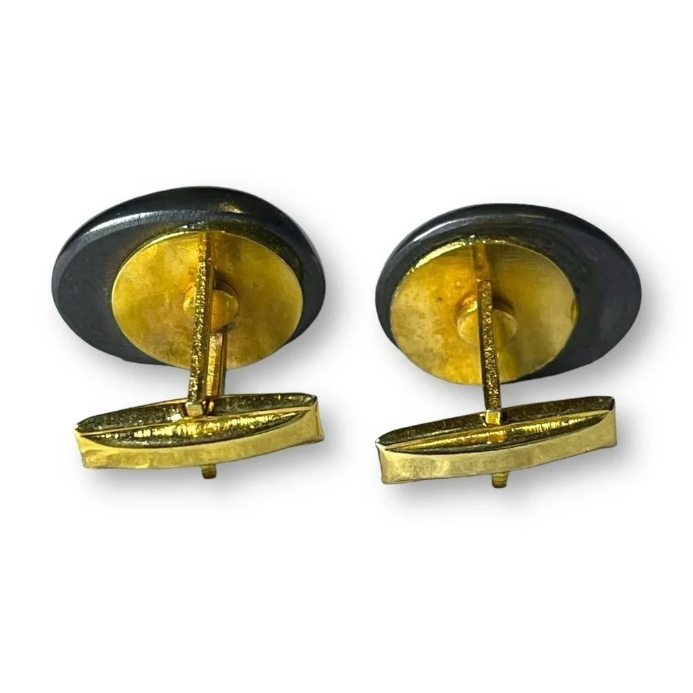 Vintage Natural Hematite Cabochon Cufflinks with Gold Tone Locking Bars